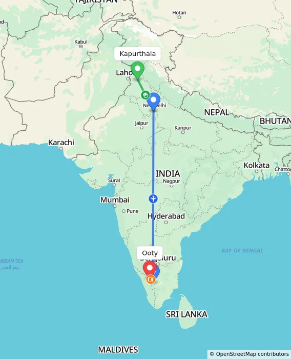 Route map showing distance and travel time from Kapurthala, India to Ooty, India