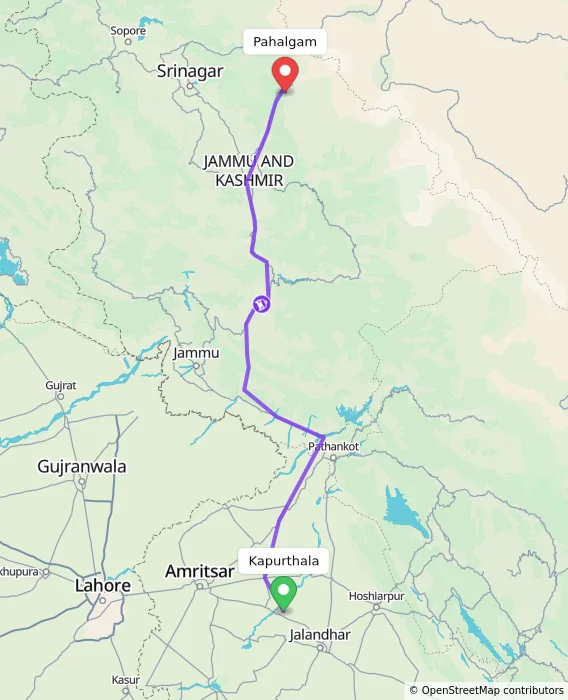 Route map showing distance and travel time from Kapurthala, India to Pahalgam, India