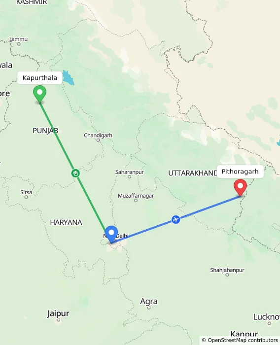 Route map showing distance and travel time from Kapurthala, India to Pithoragarh, India