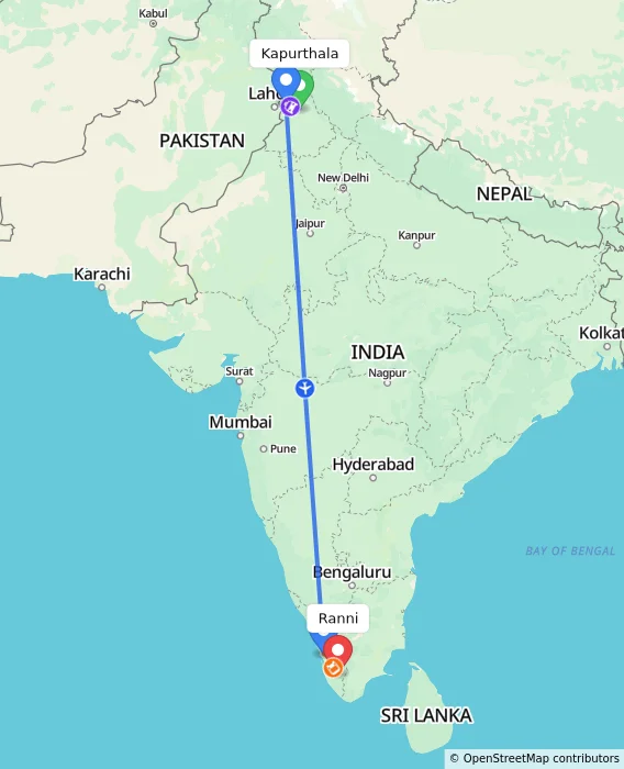 Route map showing distance and travel time from Kapurthala, India to Ranni, India