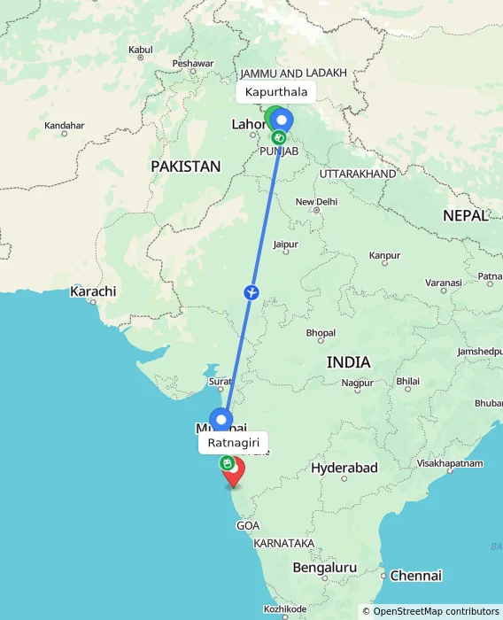 Route map showing distance and travel time from Kapurthala, India to Ratnagiri, India