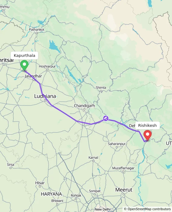 Route map showing distance and travel time from Kapurthala, India to Rishikesh, India