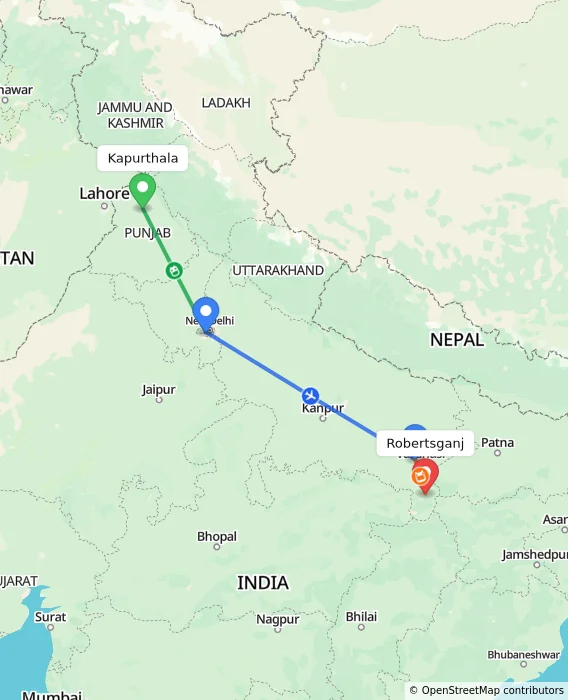 Route map showing distance and travel time from Kapurthala, India to Robertsganj, India