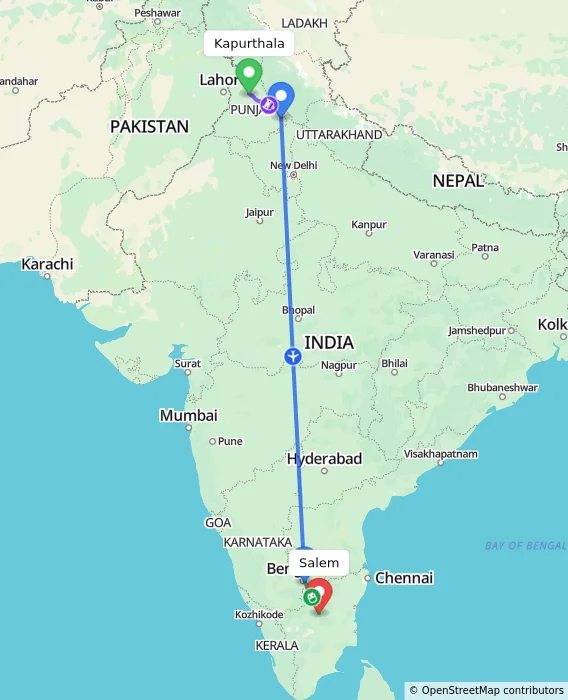 Route map showing distance and travel time from Kapurthala, India to Salem, India