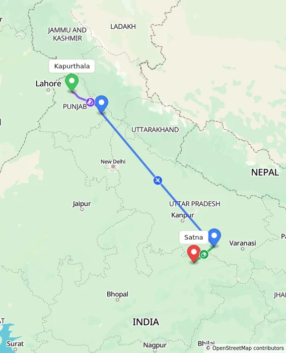 Route map showing distance and travel time from Kapurthala, India to Satna, India