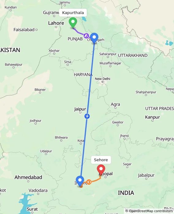 Route map showing distance and travel time from Kapurthala, India to Sehore, India