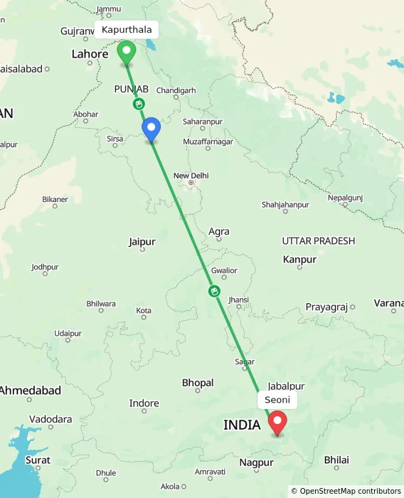 Route map showing distance and travel time from Kapurthala, India to Seoni, India