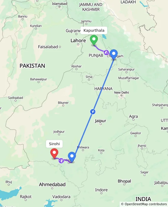 Route map showing distance and travel time from Kapurthala, India to Sirohi, India