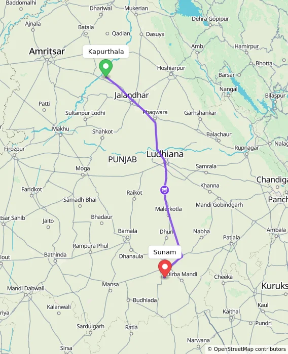Route map showing distance and travel time from Kapurthala, India to Sunam, India
