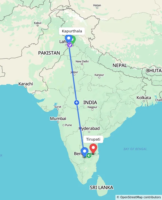 Route map showing distance and travel time from Kapurthala, India to Tirupati, India