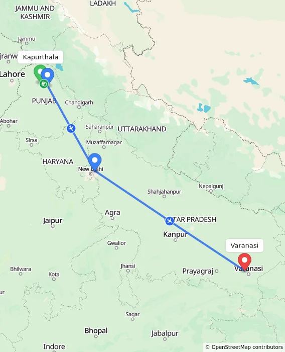 Route map showing distance and travel time from Kapurthala, India to Varanasi, India