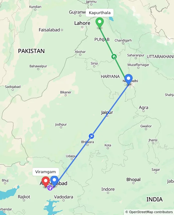 Route map showing distance and travel time from Kapurthala, India to Viramgam, India
