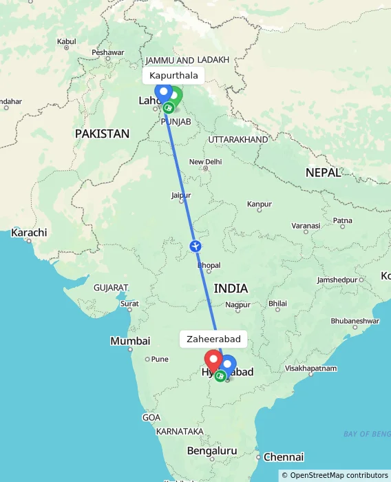Route map showing distance and travel time from Kapurthala, India to Zaheerabad, India