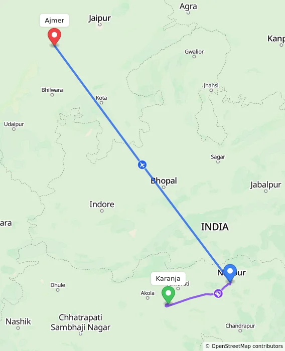 Route map showing distance and travel time from Karanja, India to Ajmer, India