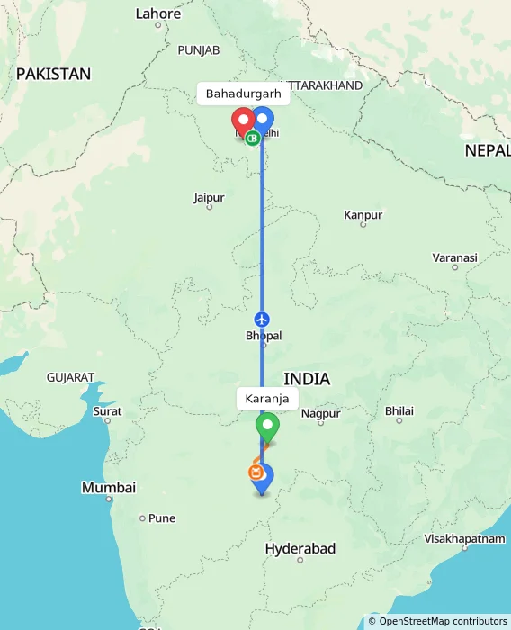 Route map showing distance and travel time from Karanja, India to Bahadurgarh, India
