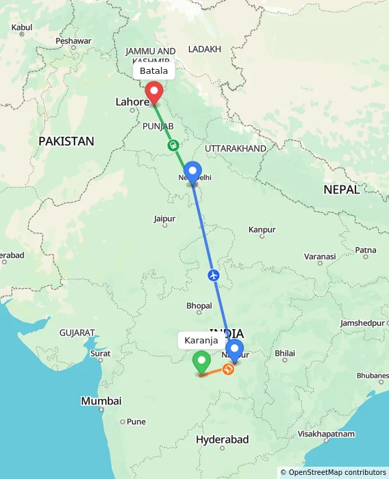 Route map showing distance and travel time from Karanja, India to Batala, India