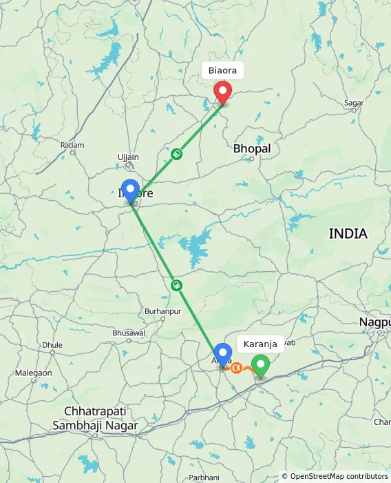 Route map showing distance and travel time from Karanja, India to Biaora, India