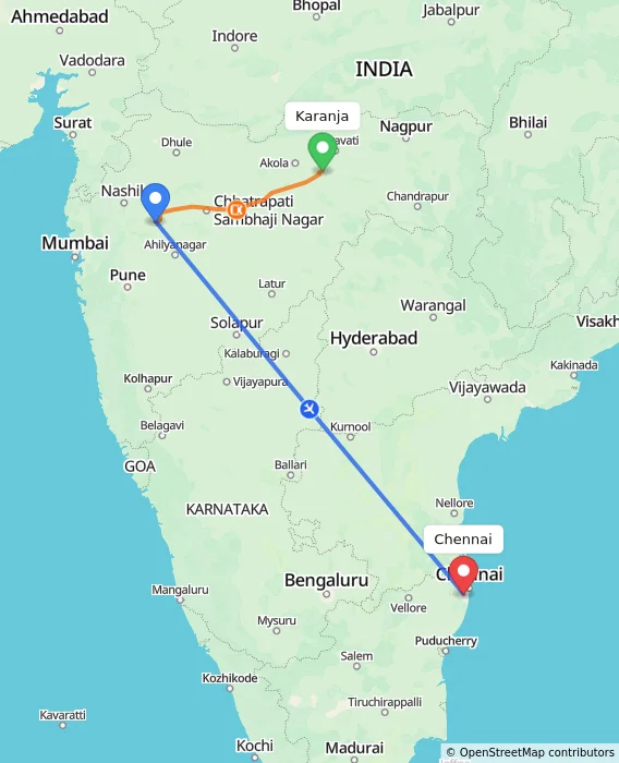 Route map showing distance and travel time from Karanja, India to Chennai, India
