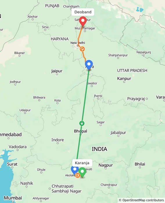 Route map showing distance and travel time from Karanja, India to Deoband, India