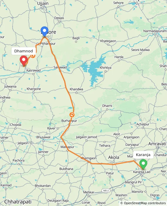Route map showing distance and travel time from Karanja, India to Dhamnod, India