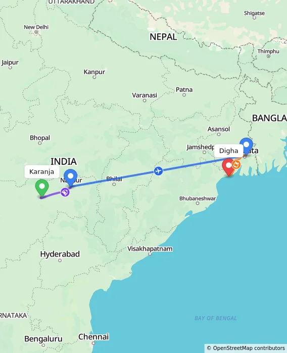 Route map showing distance and travel time from Karanja, India to Digha, India