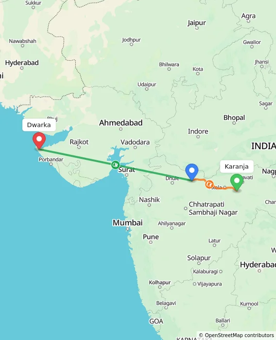 Route map showing distance and travel time from Karanja, India to Dwarka, India