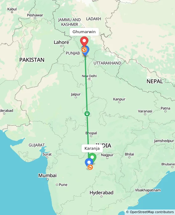 Route map showing distance and travel time from Karanja, India to Ghumarwin, India