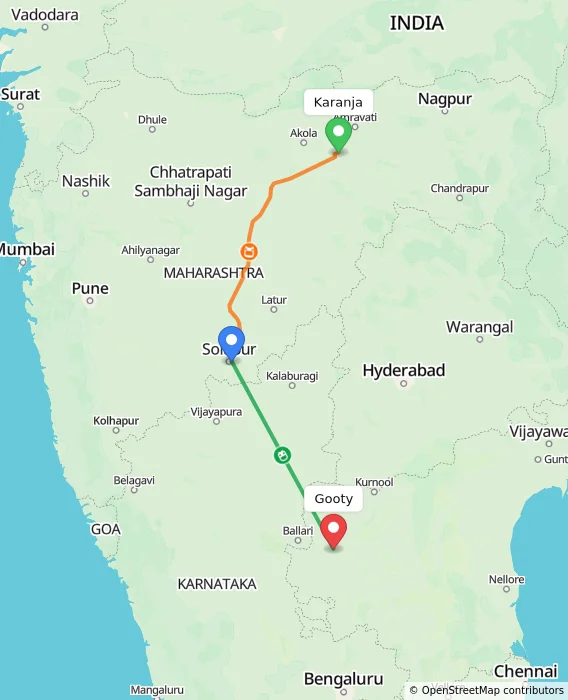 Route map showing distance and travel time from Karanja, India to Gooty, India