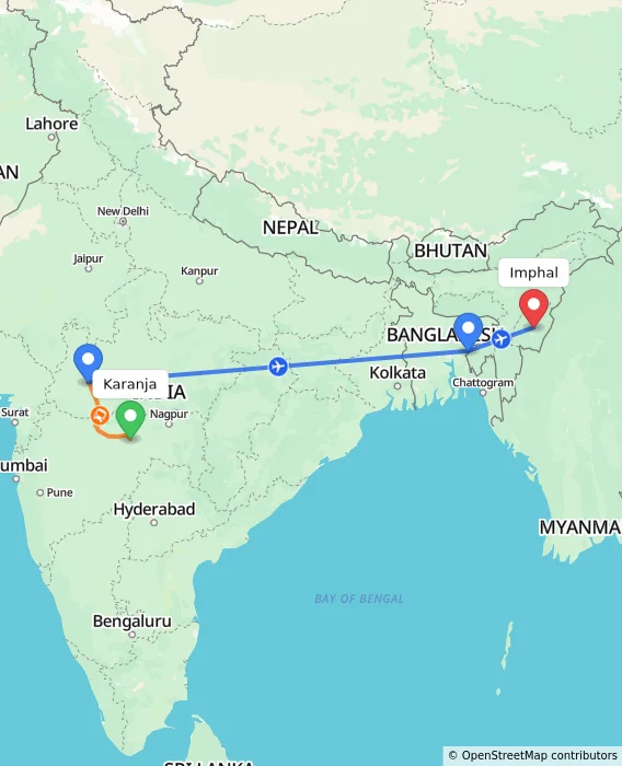 Route map showing distance and travel time from Karanja, India to Imphal, India