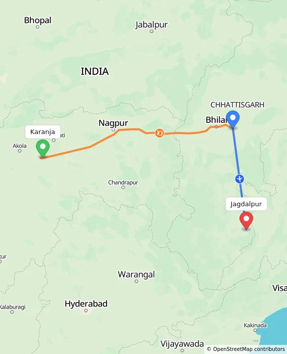 Route map showing distance and travel time from Karanja, India to Jagdalpur, India