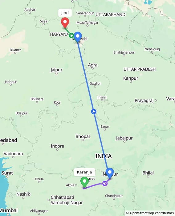Route map showing distance and travel time from Karanja, India to Jind, India