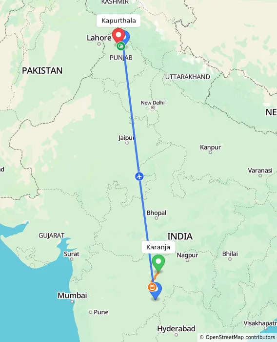 Route map showing distance and travel time from Karanja, India to Kapurthala, India