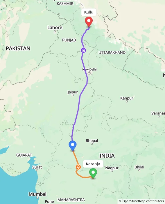 Route map showing distance and travel time from Karanja, India to Kullu, India