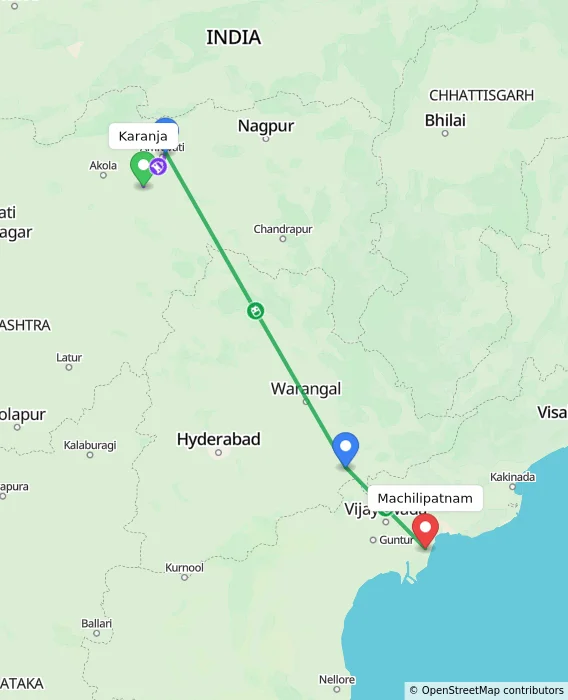 Route map showing distance and travel time from Karanja, India to Machilipatnam, India
