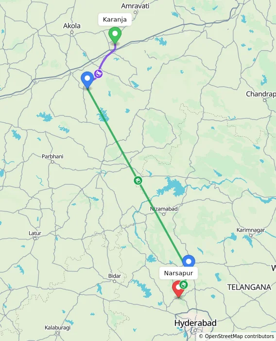 Route map showing distance and travel time from Karanja, India to Narsapur, India