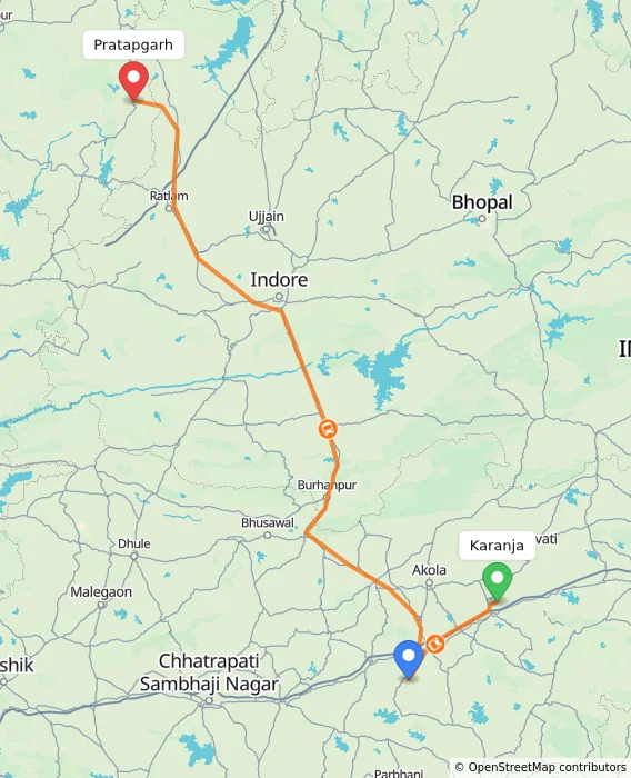 Route map showing distance and travel time from Karanja, India to Pratapgarh, India