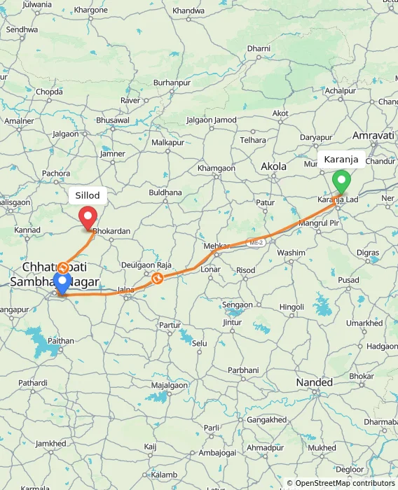 Route map showing distance and travel time from Karanja, India to Sillod, India