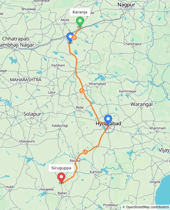 Route map showing distance and travel time from Karanja, India to Siruguppa, India