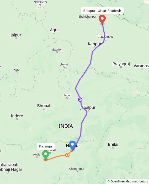 Route map showing distance and travel time from Karanja, India to Sitapur, Uttar Pradesh, India