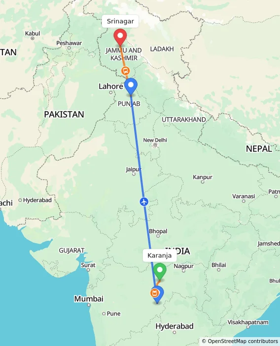 Route map showing distance and travel time from Karanja, India to Srinagar, India
