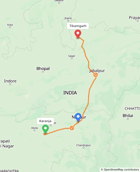 Route map showing distance and travel time from Karanja, India to Tikamgarh, India