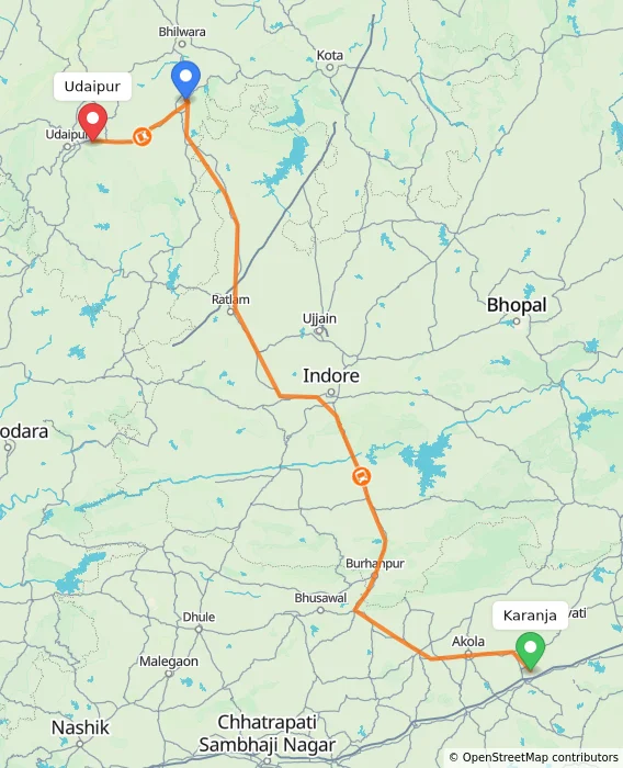 Route map showing distance and travel time from Karanja, India to Udaipur, India