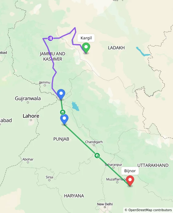 Route map showing distance and travel time from Kargil, India to Bijnor, India