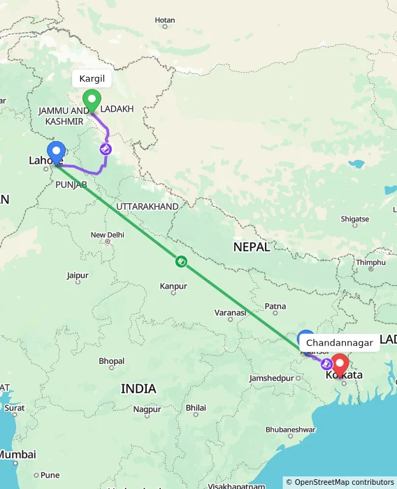 Route map showing distance and travel time from Kargil, India to Chandannagar, India