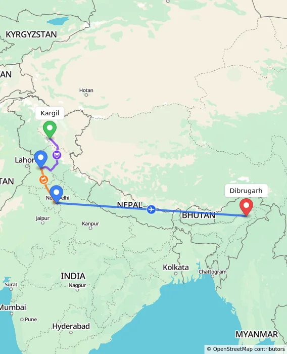 Route map showing distance and travel time from Kargil, India to Dibrugarh, India