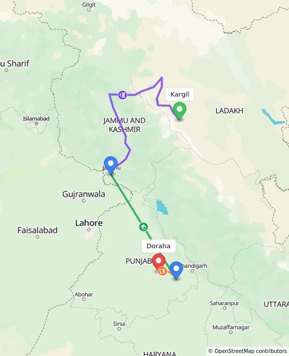 Route map showing distance and travel time from Kargil, India to Doraha, India