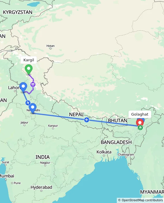Route map showing distance and travel time from Kargil, India to Golaghat, India