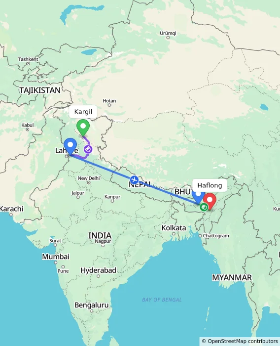 Route map showing distance and travel time from Kargil, India to Haflong, India