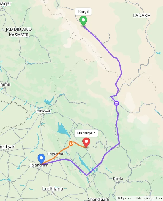 Route map showing distance and travel time from Kargil, India to Hamirpur, India