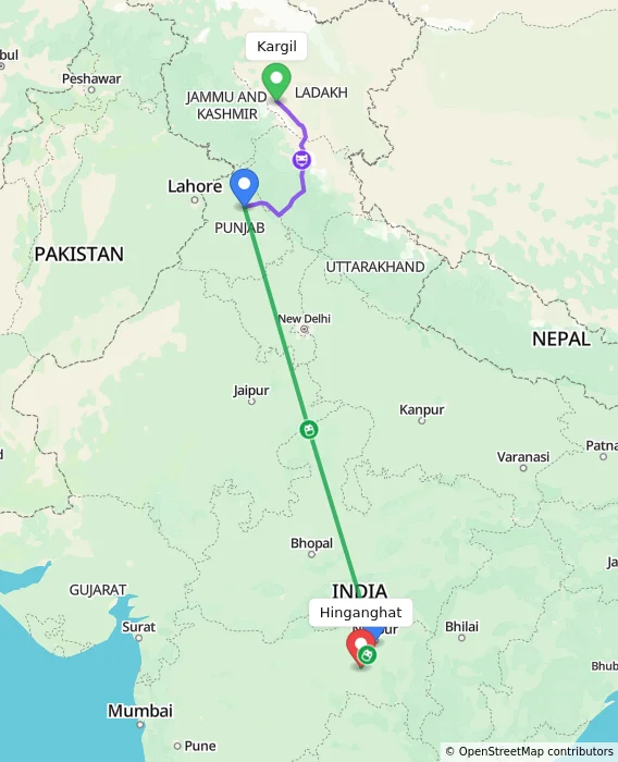 Route map showing distance and travel time from Kargil, India to Hinganghat, India